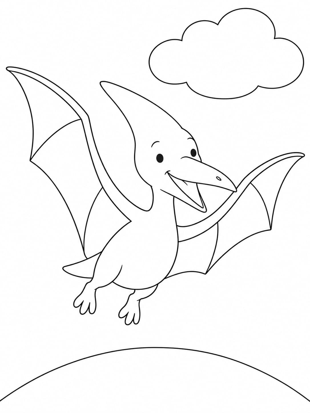 Flying pterosaur coloring illustration above a hill