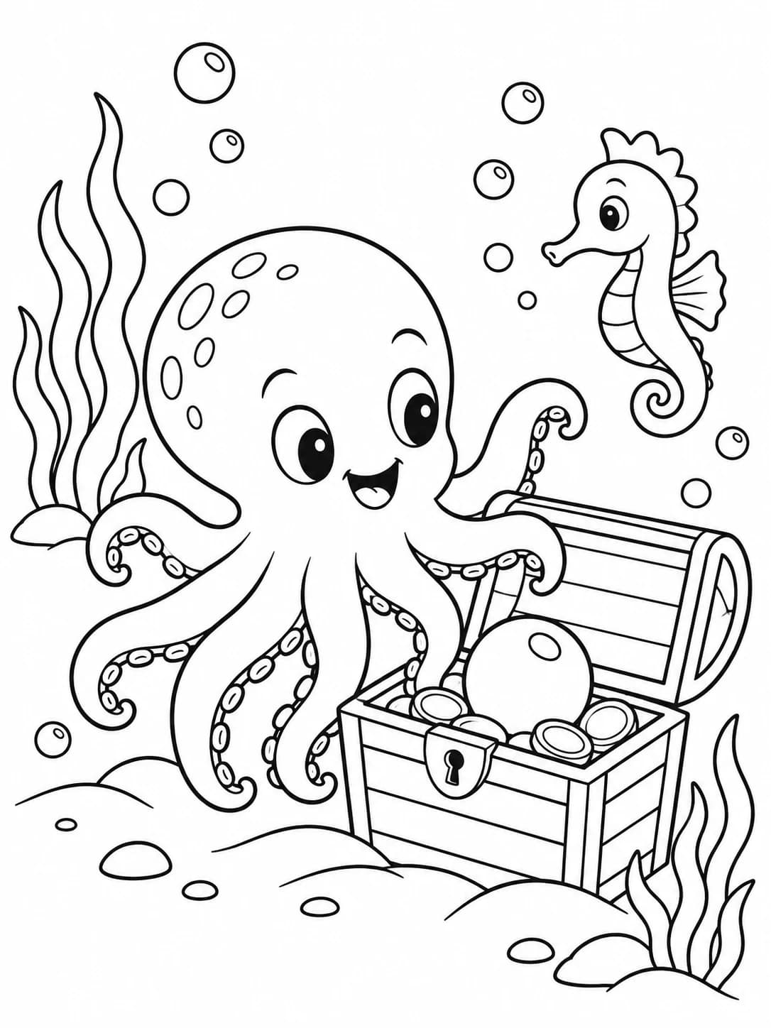 An octopus discovering treasure