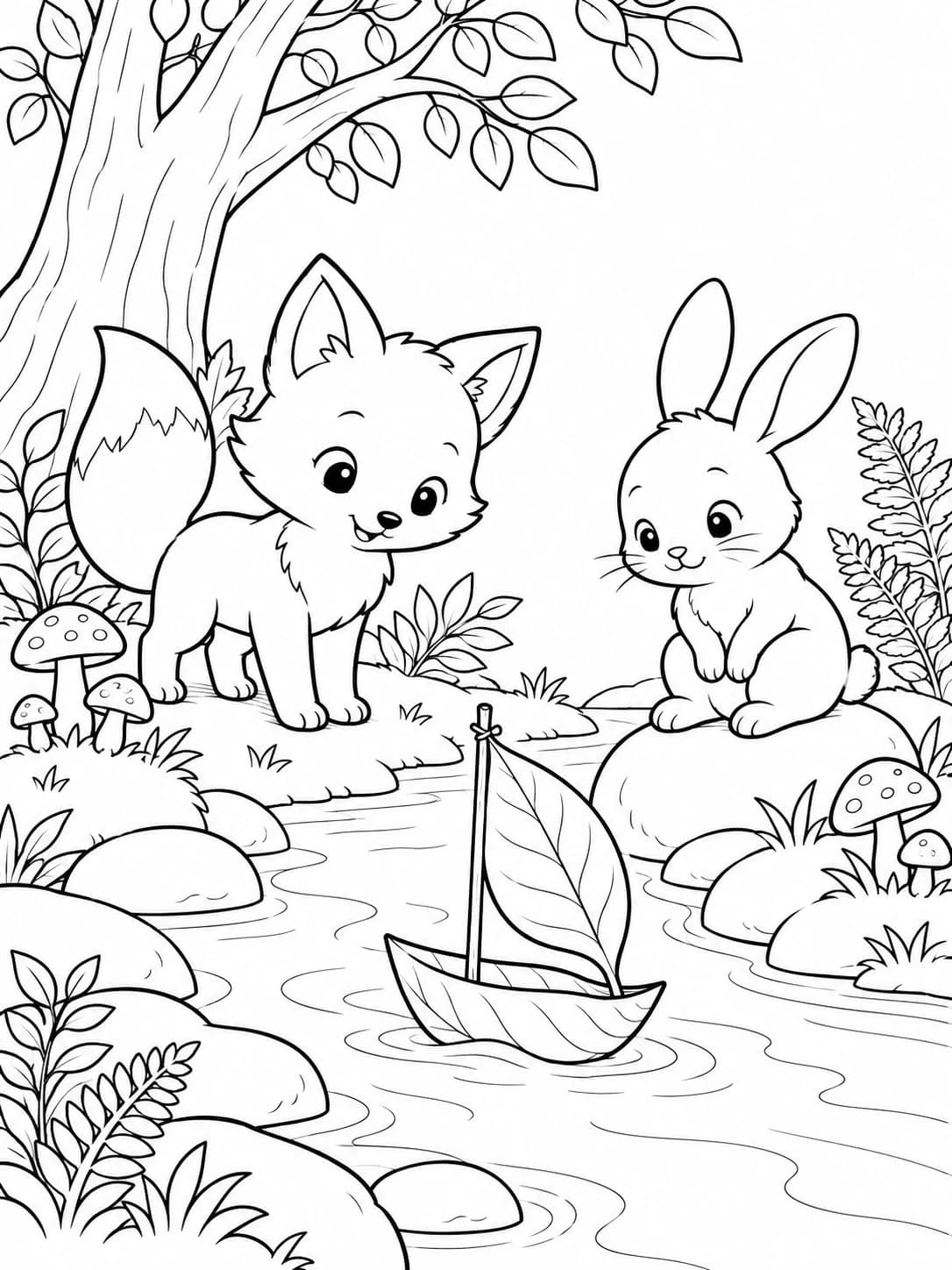 A fox and rabbit sailing a leaf boat