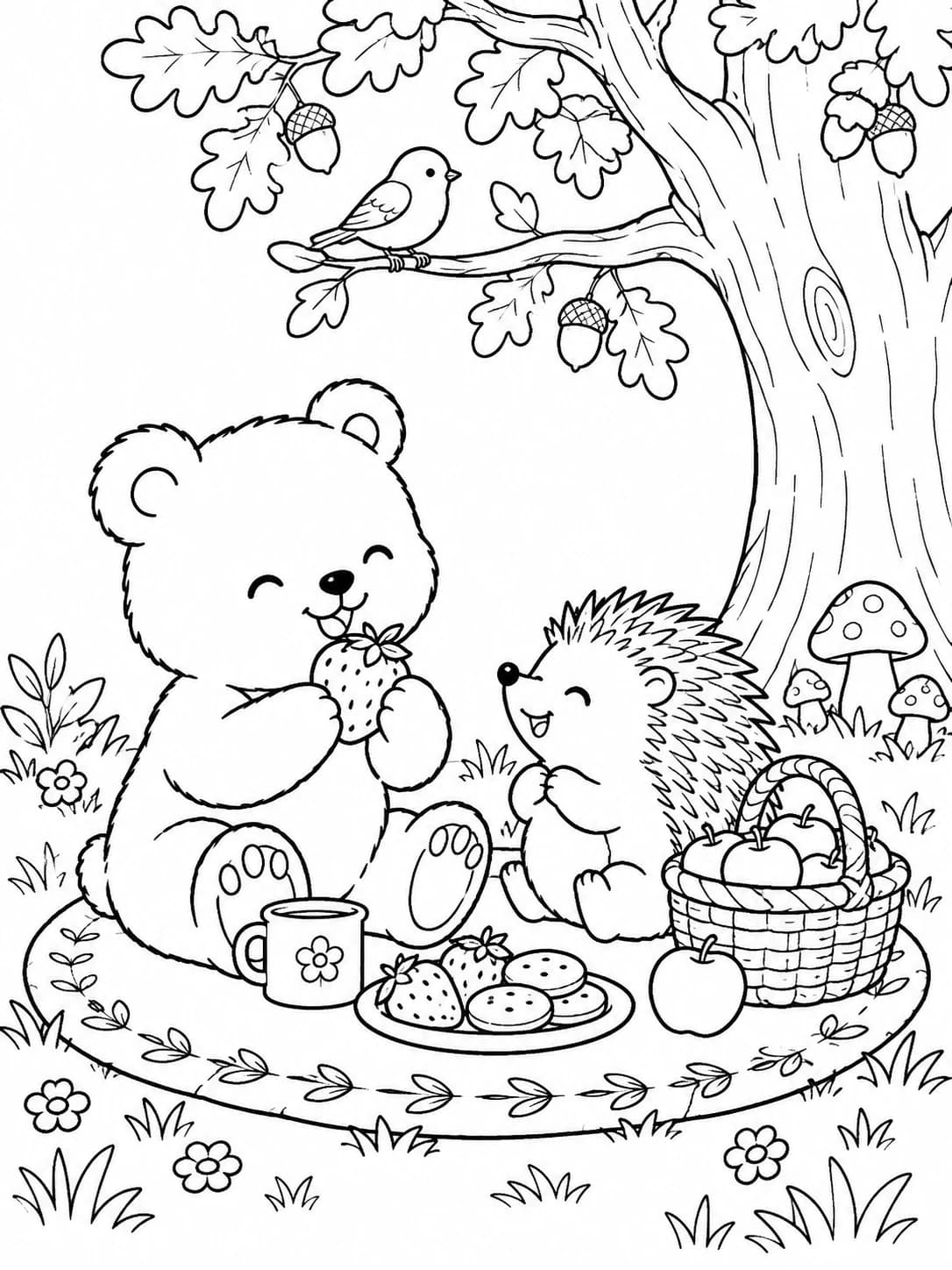 A bear and hedgehog having a picnic