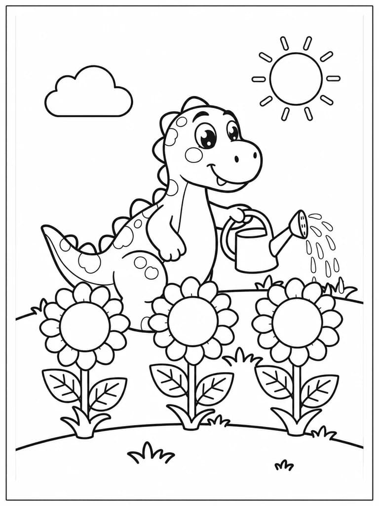 A dinosaur watering sunflowers