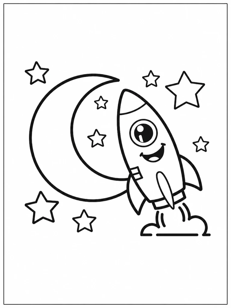 A smiling rocket flying to the moon