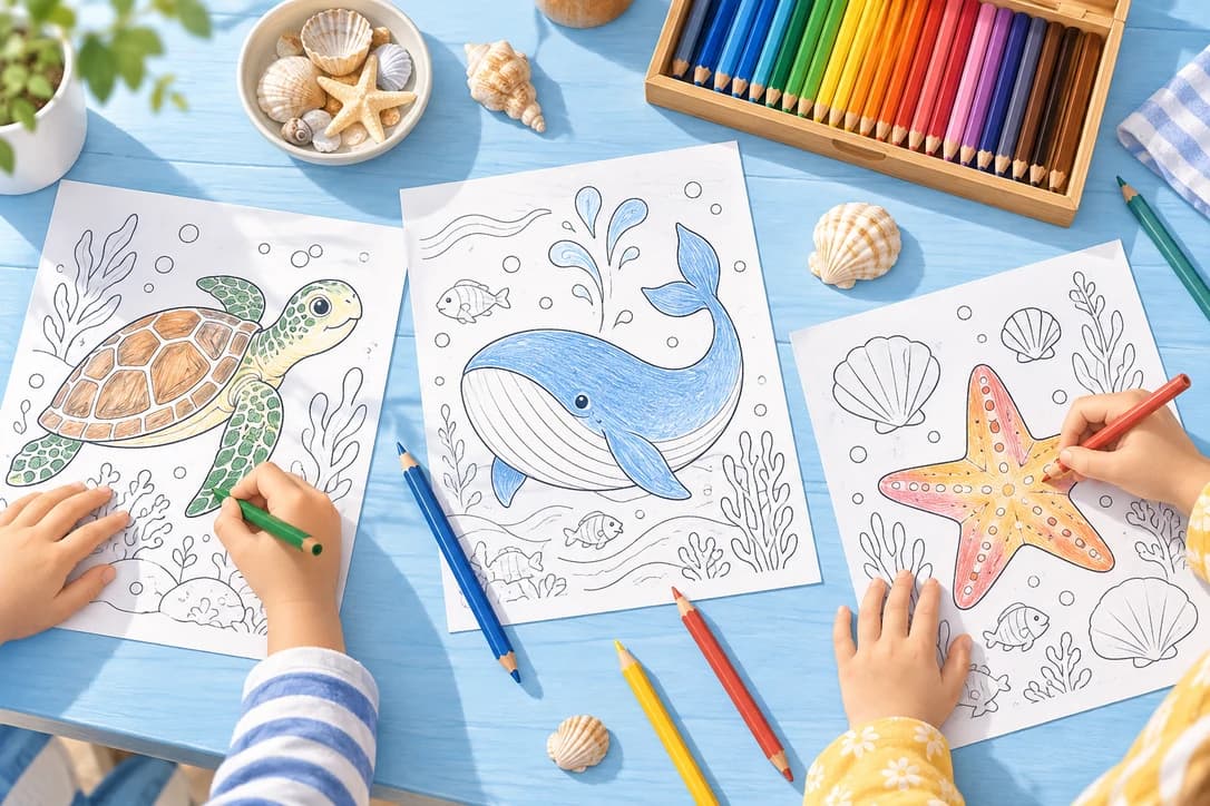 Illustration of children coloring different ocean pages together