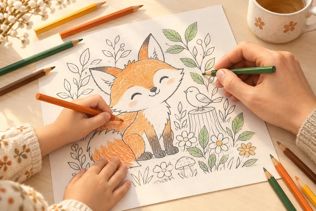 Illustration of a family sharing a coloring activity