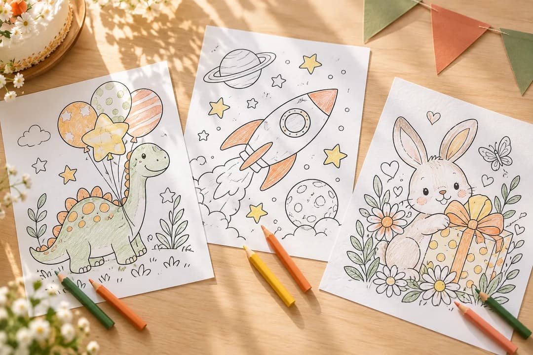 Illustration of coloring pages and pencils prepared for a birthday party