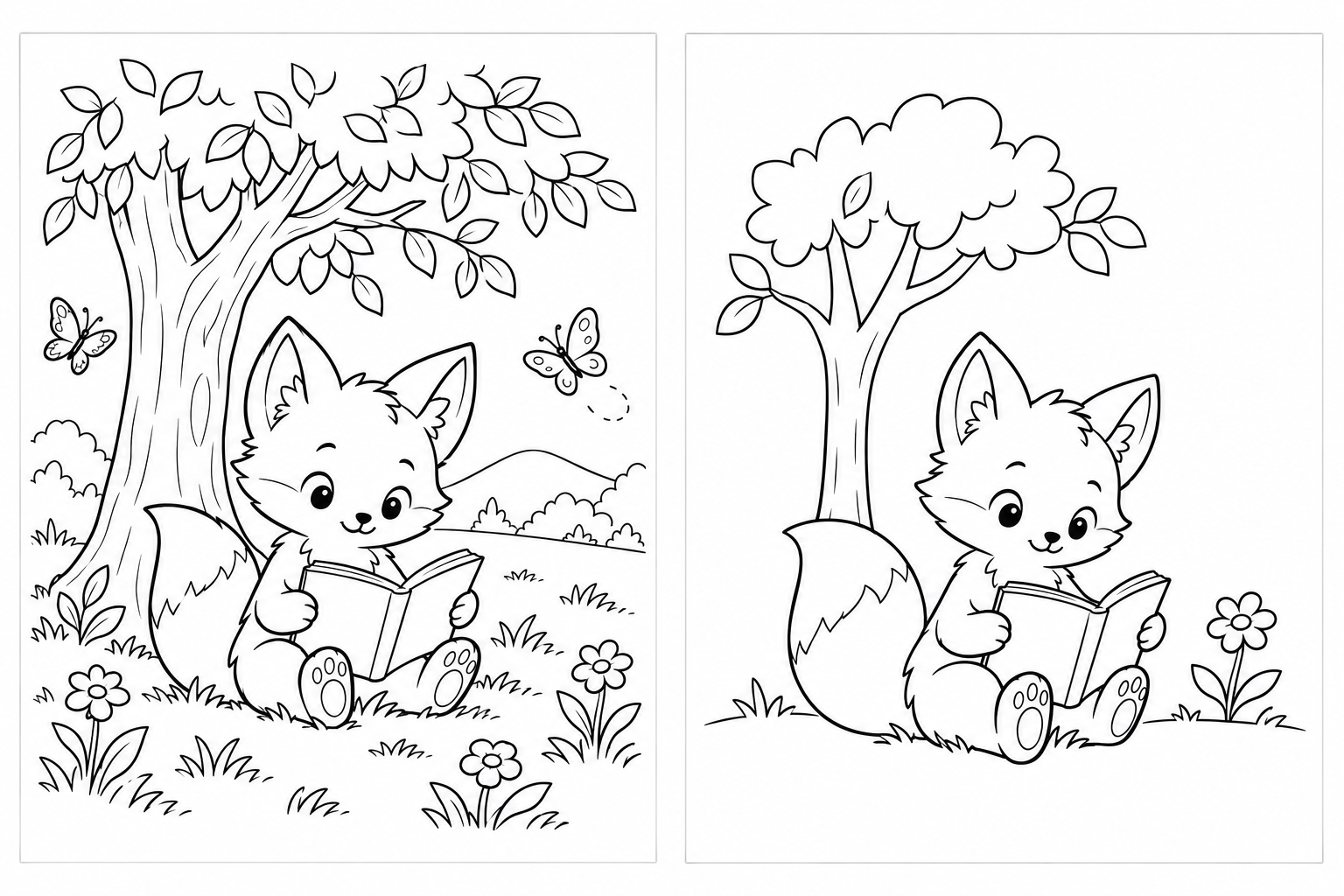 Illustrated fox reading under a tree with more open space