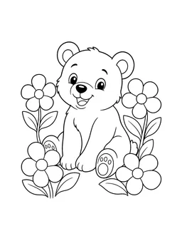 Black-and-white line drawing of a seated bear cub surrounded by flowers