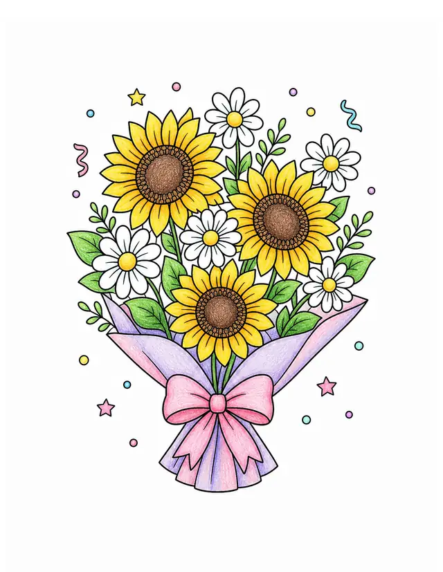 Colored preview of birthday bouquet with daisies and sunflowers