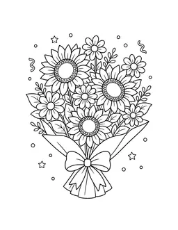 Black-and-white line drawing of a bouquet with daisies and sunflowers