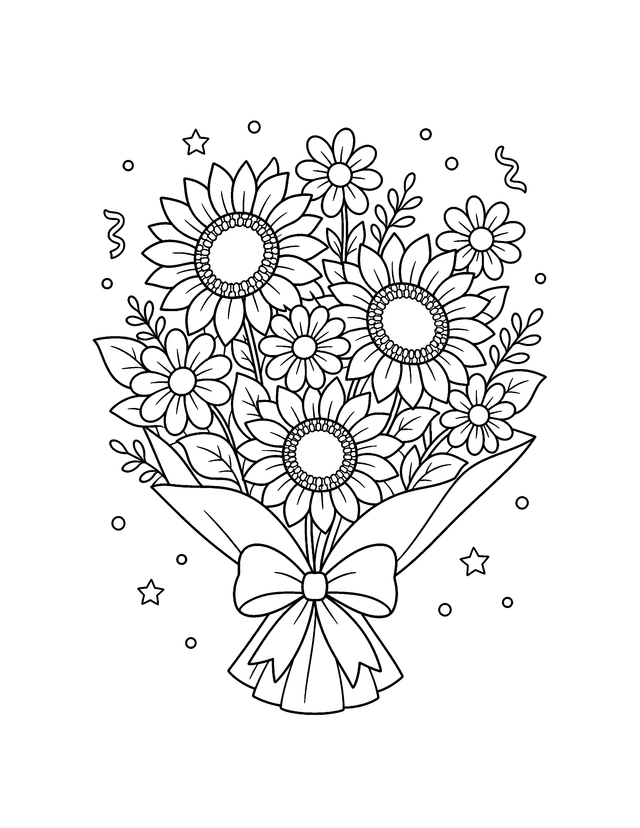 Coloring page of birthday bouquet with daisies and sunflowers