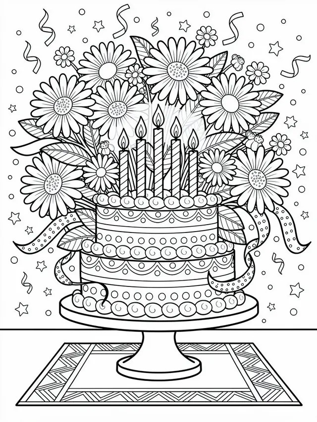 Detailed black-and-white tiered birthday cake coloring page surrounded by dense daisies, ribbons, patterns, and confetti