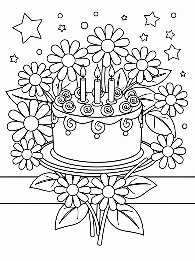 Black-and-white birthday cake coloring page surrounded by daisies, leaves, stars, and swirled frosting