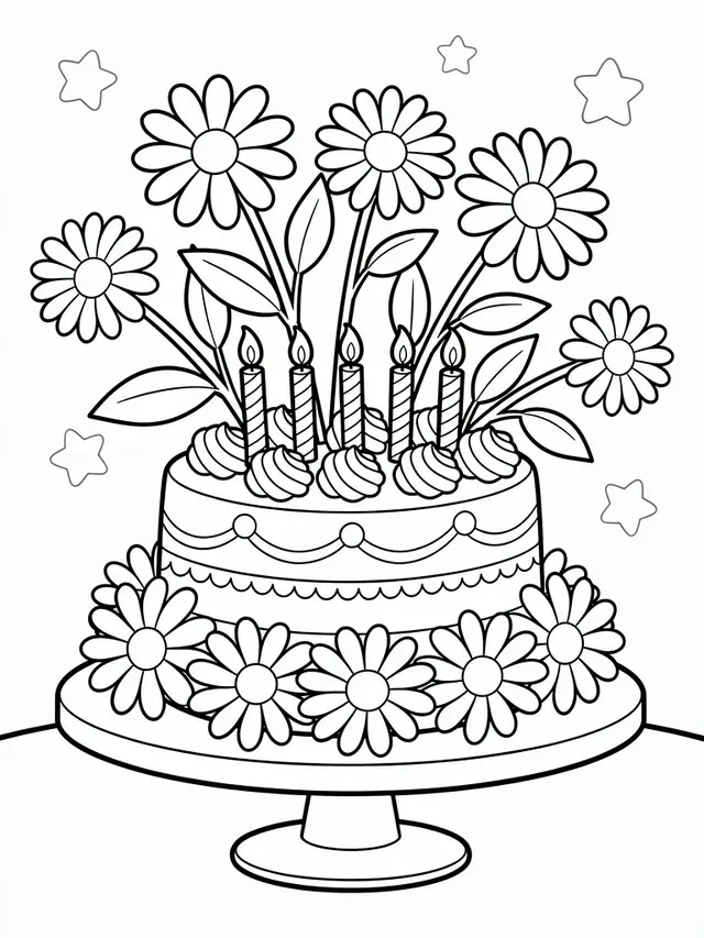Black-and-white birthday cake coloring page with five candles, daisies, leaves, and moderate decorative detail