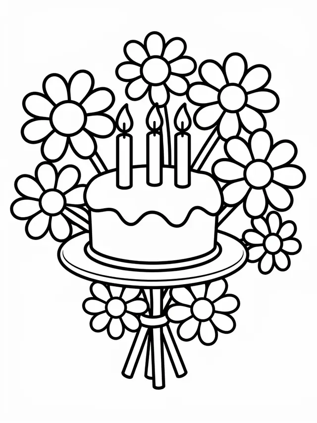Simple black-and-white coloring page of a three-candle birthday cake surrounded by large daisies