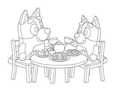Simple line art generated from the Bluey plush tea party picture
