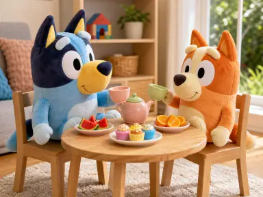 Two Bluey plush characters seated at a playful tea party table