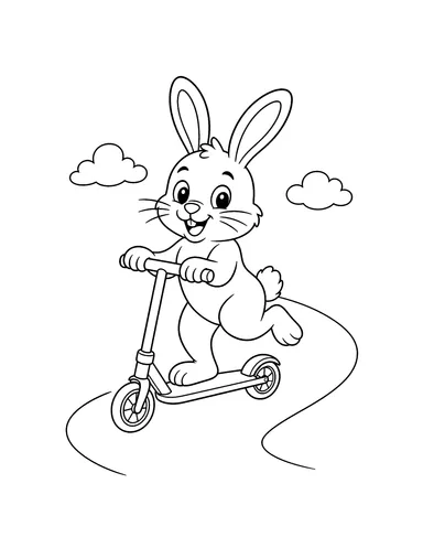 Bunny riding a kick scooter along a winding path coloring page