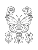 Large patterned butterfly surrounded by wildflowers coloring page