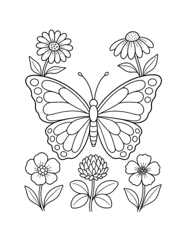 Large patterned butterfly surrounded by wildflowers coloring page