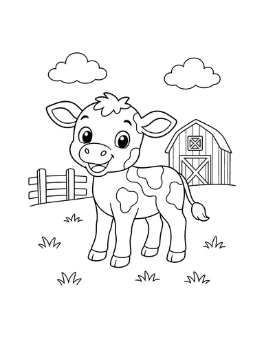 Calf standing beside a barn and fence on a farm coloring page