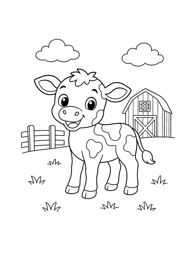 Calf standing beside a barn and fence on a farm coloring page
