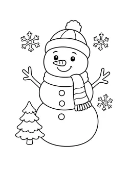 Black-and-white line drawing of a snowman wearing a scarf and winter hat