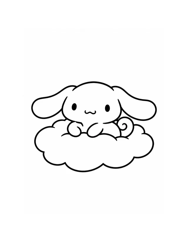 Cinnamoroll rests his front paws on a large fluffy cloud, with long ears spread out and his curled tail showing