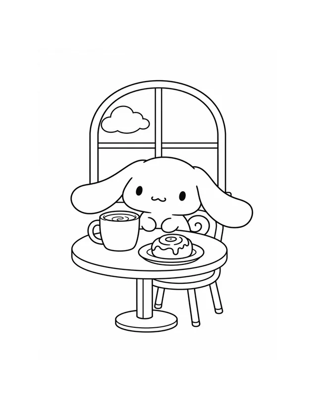 Cinnamoroll sits at a round cafe table with a large mug and a cinnamon roll on a plate, in front of an arched window