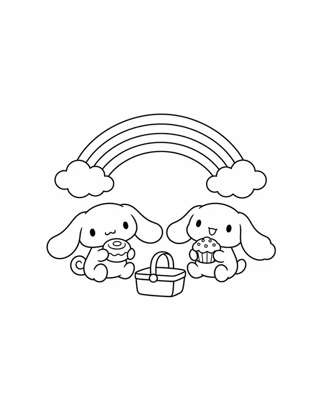 Cinnamoroll shares a picnic with a smiling long-eared friend, a cinnamon roll, a cupcake and a basket beneath a rainbow