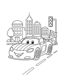 Black-and-white line drawing of a smiling race car on a city street
