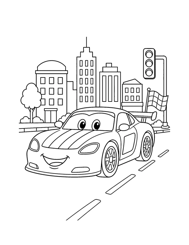 Black-and-white line drawing of a smiling race car on a city street