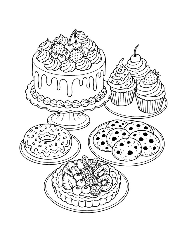 Black-and-white line drawing of a cake, cupcakes, cookies, and pastries
