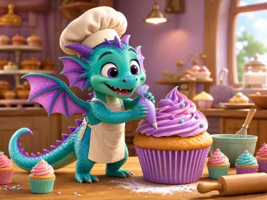 Cheerful dragon baker piping frosting onto a giant cupcake