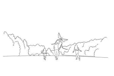 Simple line art generated from the family kite running photo
