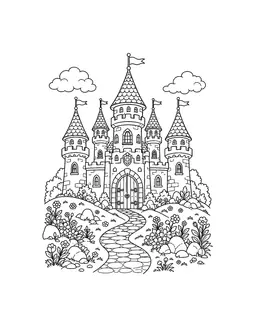 Black-and-white line drawing of a fantasy castle with towers, a path, and gardens