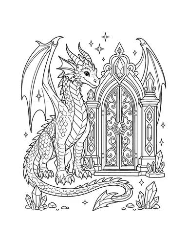 Coloring page of fantasy dragon guarding a magic gate