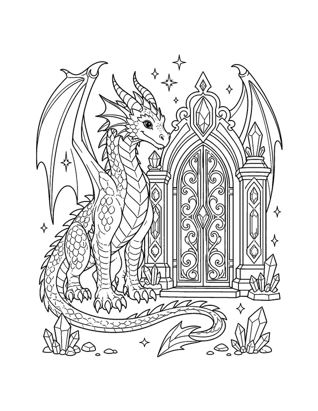 Black-and-white line drawing of a fantasy dragon beside an ornate magic gate