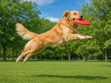 Golden retriever fully airborne with a red flying disc in a sunny park