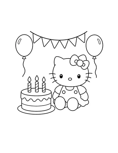 Hello Kitty sitting beside a birthday cake with balloons and party bunting coloring page