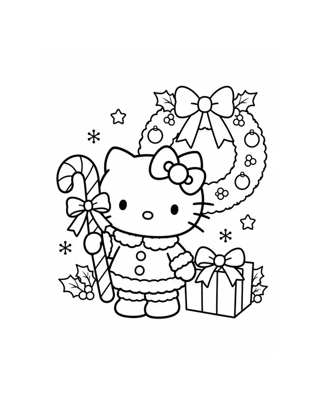 Hello Kitty holds a striped candy cane beside a large Christmas wreath and a wrapped present