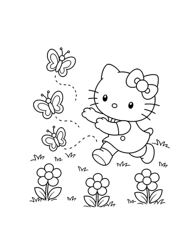 Hello Kitty running after butterflies through a flower meadow coloring page