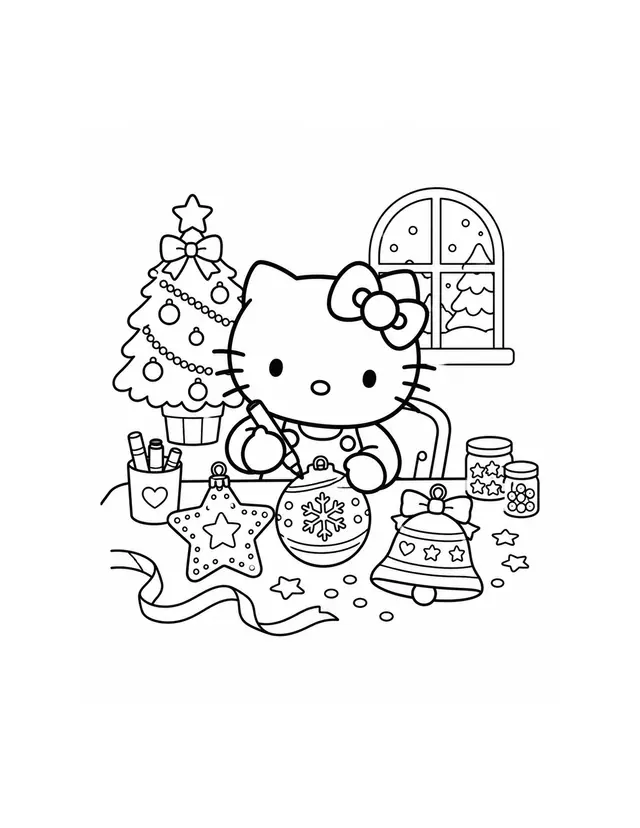 Hello Kitty decorates a star, a bauble and a bell at a craft table, with a Christmas tree and a snowy window behind her