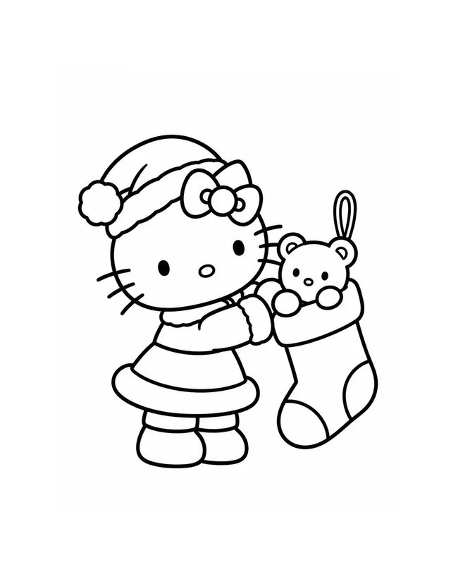 Hello Kitty places a teddy bear into a large Christmas stocking