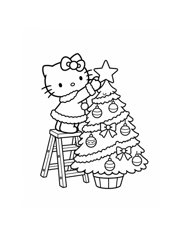 Hello Kitty stands on a small stepladder to place a star on a Christmas tree decorated with baubles and bows