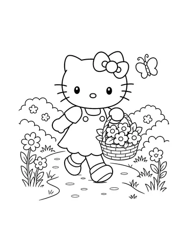 Hello Kitty walking through a garden with a flower basket and butterfly coloring page