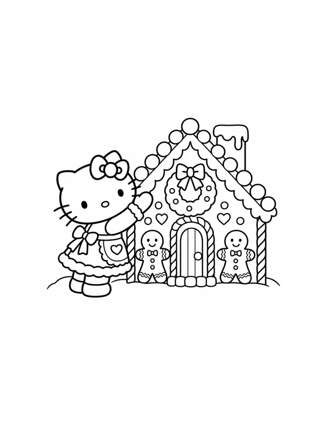 Hello Kitty decorates a gingerbread house with a Christmas wreath and two gingerbread figures beside the door