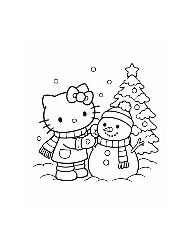 Hello Kitty wears a scarf and mittens beside a snowman and a snow-covered Christmas tree topped with a star