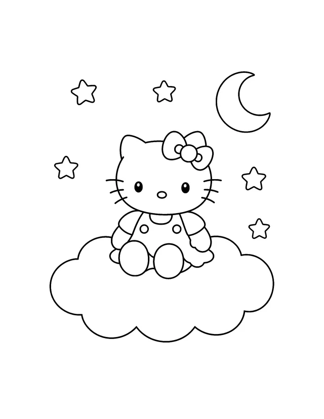 Hello Kitty sitting on a cloud surrounded by stars and a crescent moon coloring page