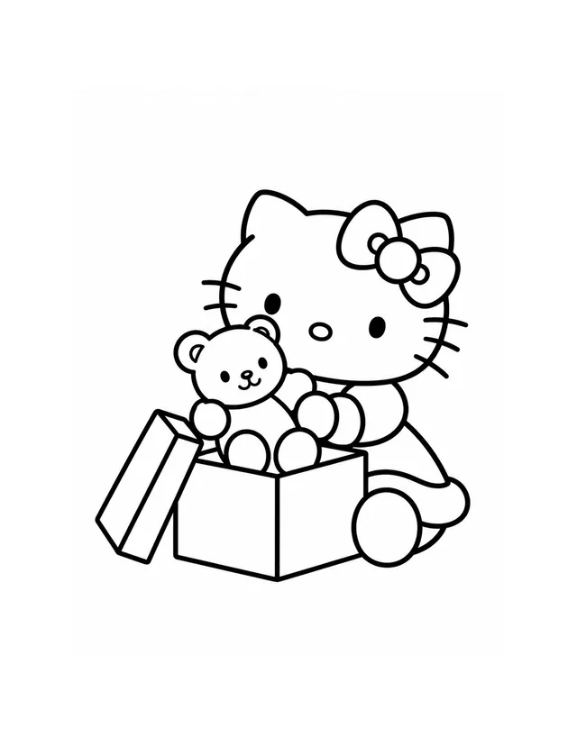 Hello Kitty lifts a teddy bear from one open Christmas gift box