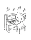Hello Kitty seated at an upright piano with music notes coloring page